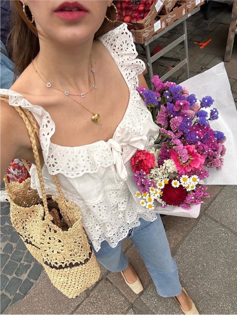 Sezane | White Floral Embroidered Eyelet
Layered Ruffle Flutter Sleeve Lia Top